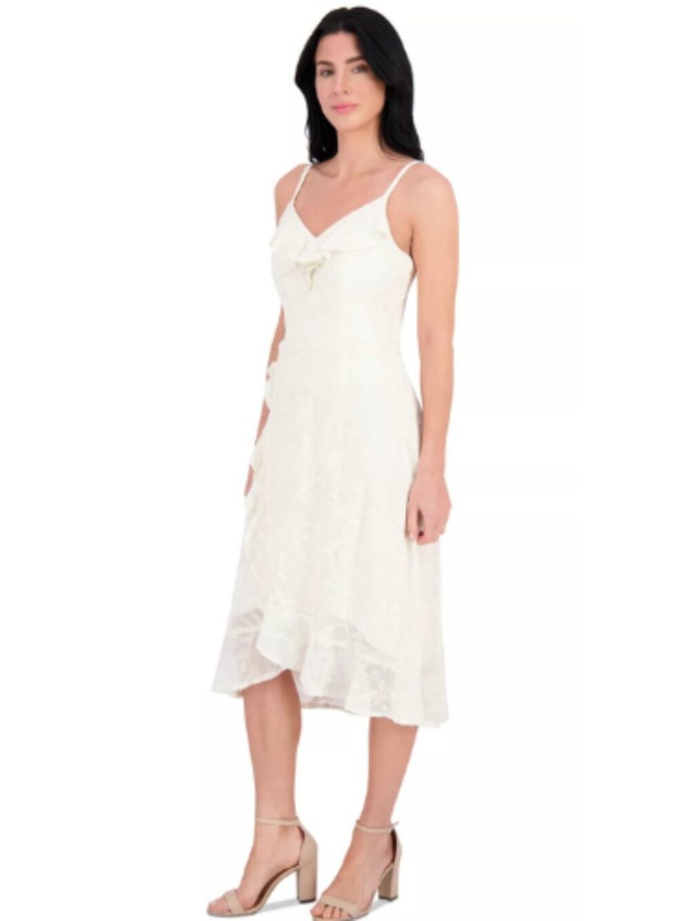 Kensie Lace High Low Sand Beige V Neck Ruffle Event Wedding Formal Dress Size 4